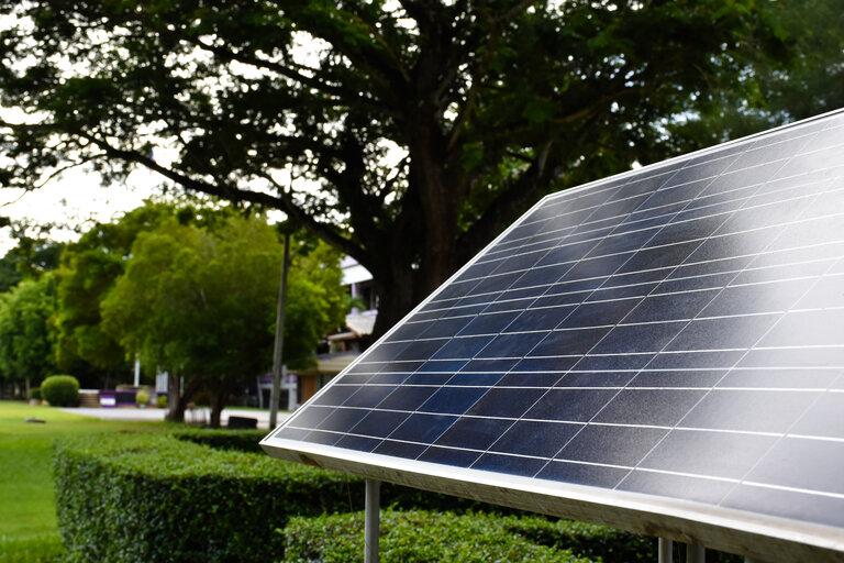 Mini-Solarzellenpaneel, das neben dem Rasen und dem großen Baum installiert ist, um die Energie des Sonnenlichts zu speichern und zu nutzen, mit Straßenlaternen und Glühbirnen in der Nacht, weichem und selektivem Fokus.