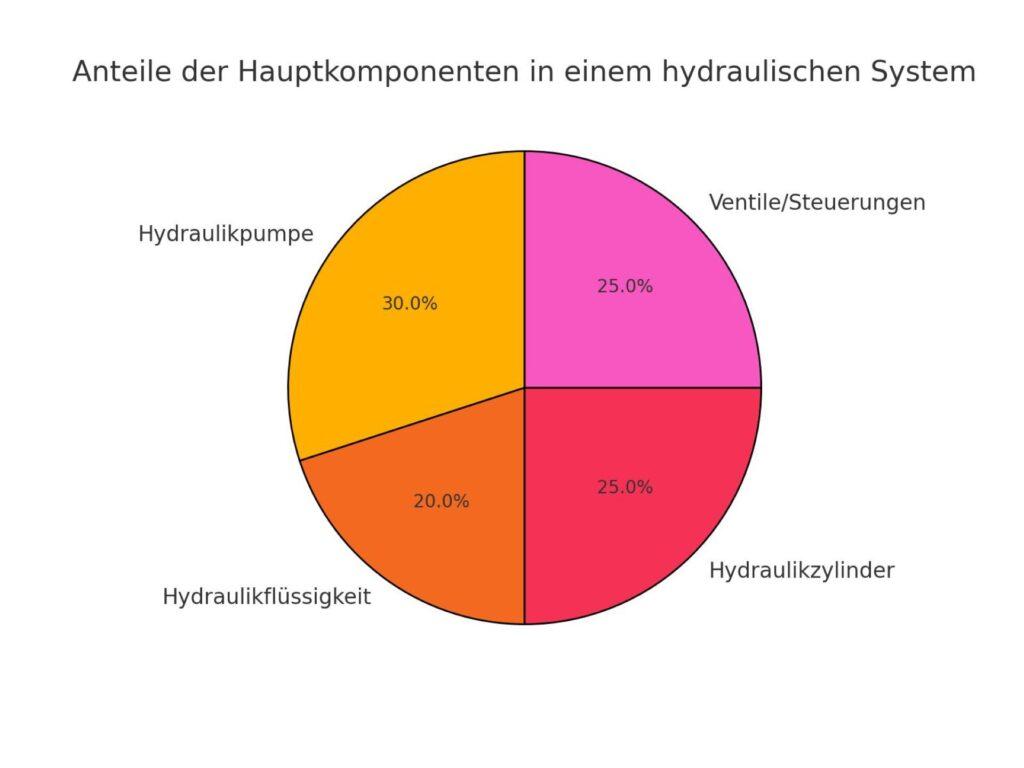 Kreisdiagramm zeigt die prozentuale Verteilung der Hauptkomponenten eines hydraulischen Systems, darunter Hydraulikpumpe, Zylinder, Ventile und Flüssigkeit.